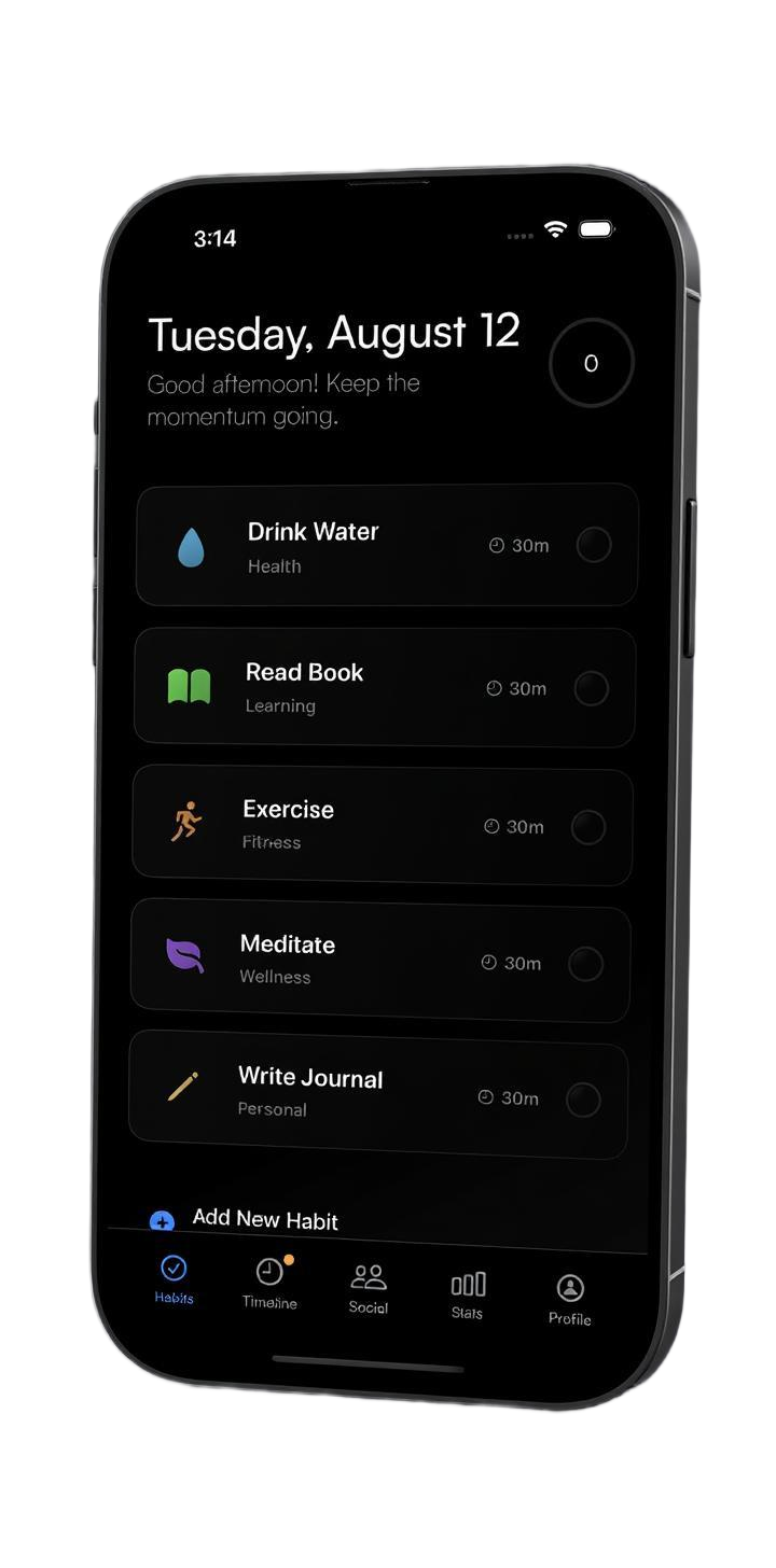 HabitSync mobile app interface showing daily habits like Drink Water, Read Book, Exercise, Meditate, and Write Journal with timeline scheduling