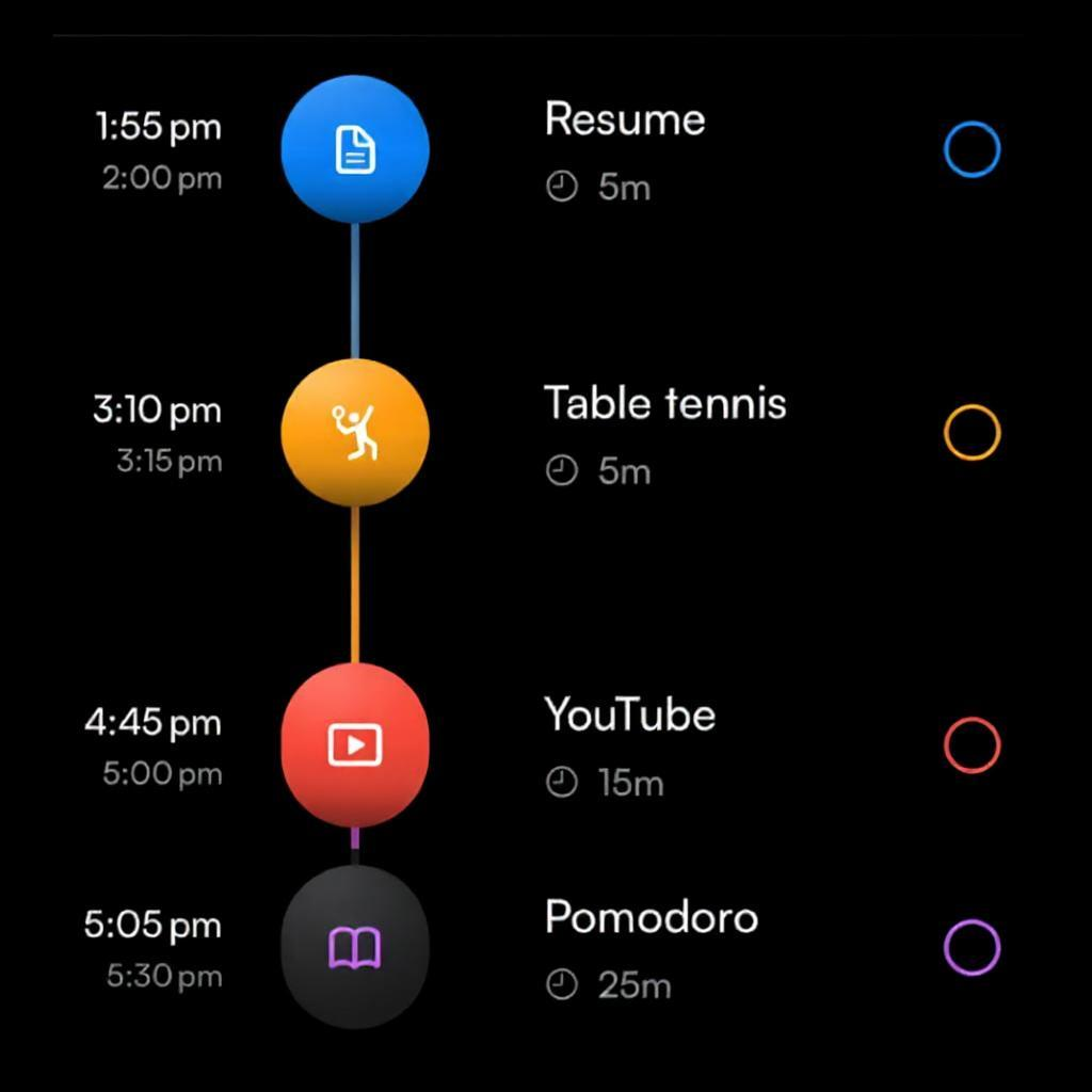 Timeline view showing scheduled activities: Resume, Table tennis, YouTube, and Pomodoro with time slots and duration